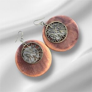 Boho Floral Cutout Wooden Drop Earrings - bronze- wood tone,